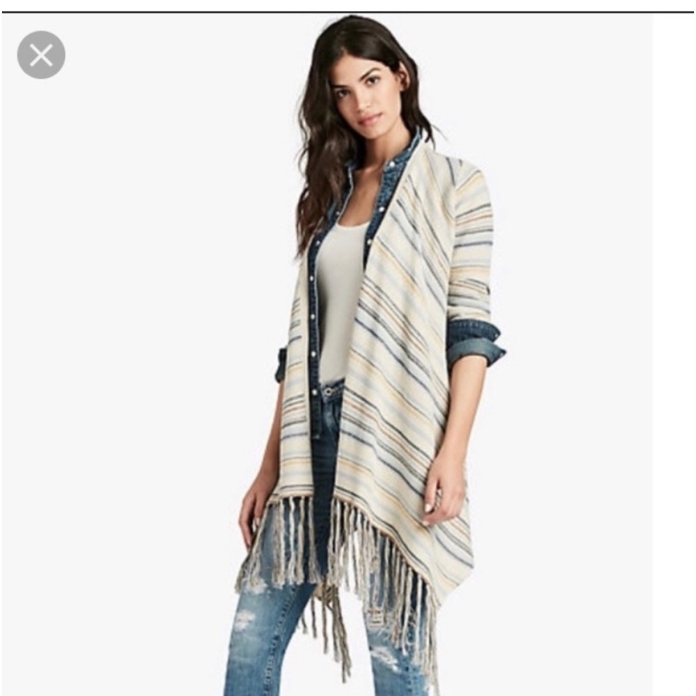 Lucky Brand Striped Fringe Drape Front Cardigan